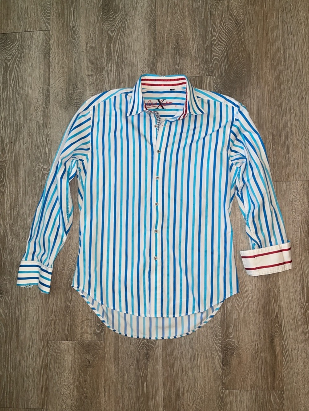 Robert Graham Blue White Stripe Dress Shirt Button Down Size Large Long Sleeve